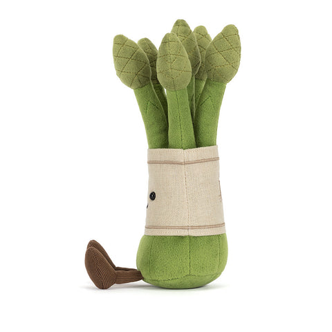 Side view of a plush toy asparagus
