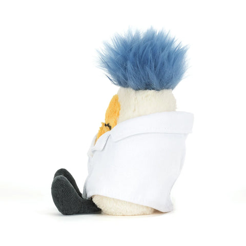 Side view of a plush scientist-themed boiled egg