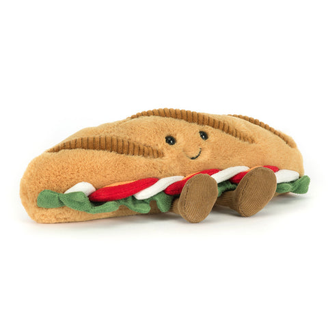 Plush baguette sandwich with a happy face and feet