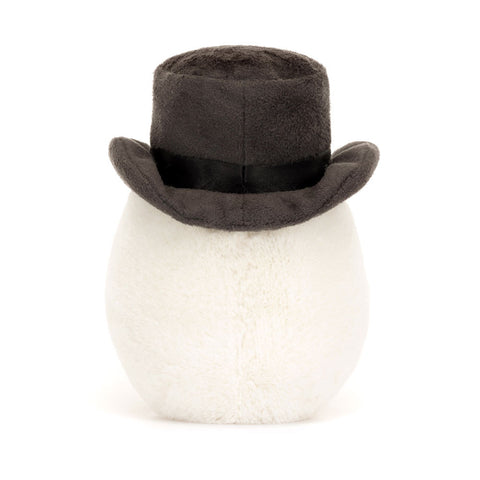 A back view of the stuffed egg wearing a top hat