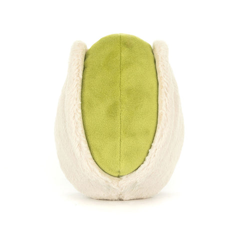 Image shows a back view of the stuffed pistachio. The shell is half open.