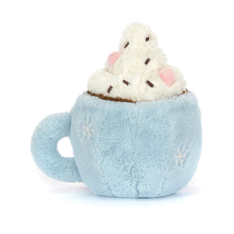 Back view of a Plush toy resembling a cup of hot chocolate with whipped cream on a white background