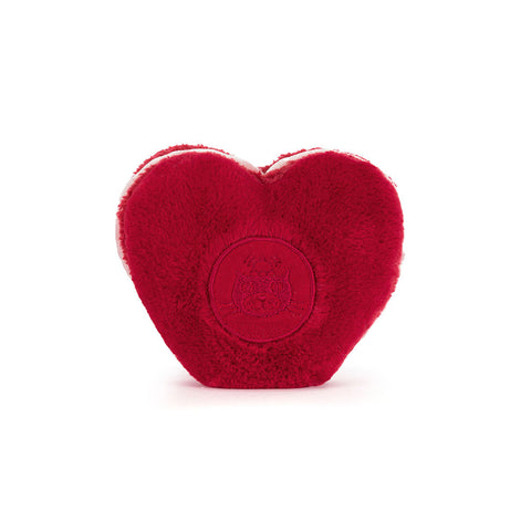 Back view of a red macaron cookie, with the jellycat logo embroidered in the center