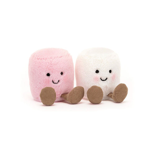 Pair of stuffed marshmallows - one pink and one white. Both have a happy face and feet.