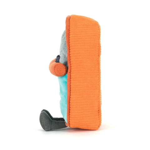 Image shows a side view of the stuffed sardine tin. The orange tin is ribbed.