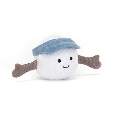 Plush golf ball with brown arms, a happy face, and a blue visor