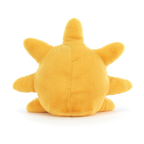 Back view of a Yellow plush sun-shaped toy on a white background