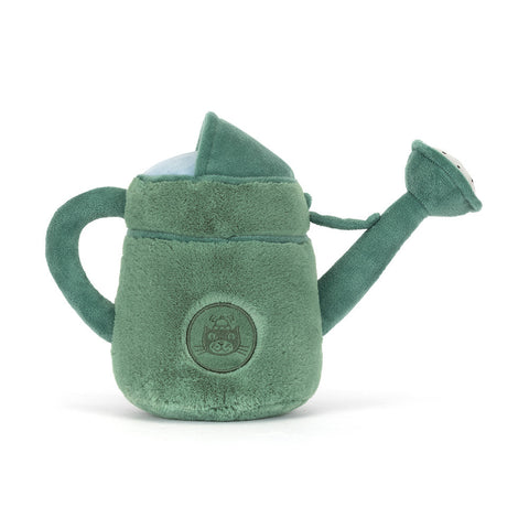 Back view of the plush green watering can. It has a jellycat logo embroidered on the back.