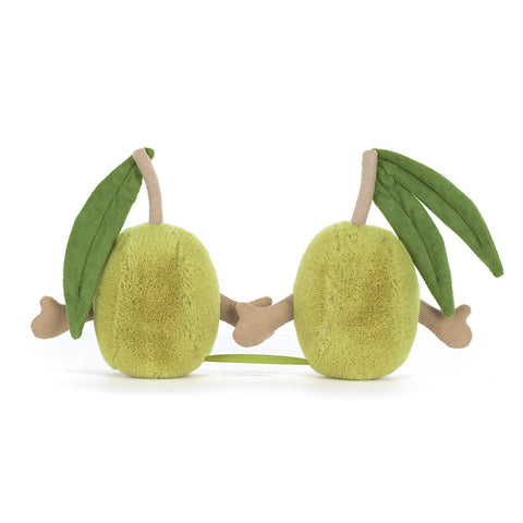 Back view of the plush pair of olives. They are holding hands.