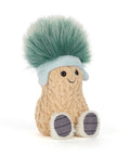 A plush peanut toy wearing boots and a green fuzzy hat