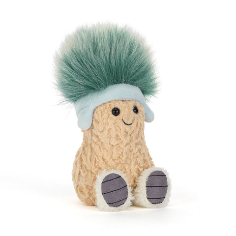 A plush peanut toy wearing boots and a green fuzzy hat