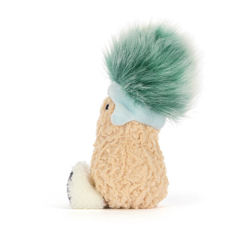 Side view of the plush peanut toy wearing a green fuzzy hat on a white background