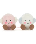 Two plush marshmallows - one pink, one white - with feet, smiling faces, and blue earmuffs