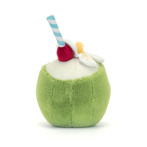 Image shows a back view of the stuffed coconut drink
