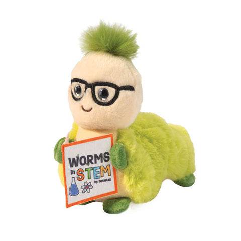 A plush green worm wearing black glasses and holding a book