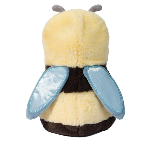 Back view of the plush doll in the bee blanket. It has iridescent blue wings.
