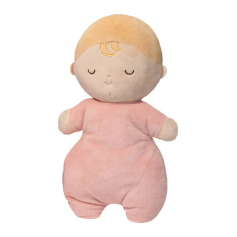 Image shows the doll. It has pale skin, blonde hair, and is wearing a pink outfit.