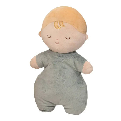 Image shows the doll. It has pale skin and blonde hair. It is wearing an olive green outfit.