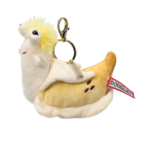 A plush "banana slug" - half banana and half slug - attached to a silver clip keychain on a white background