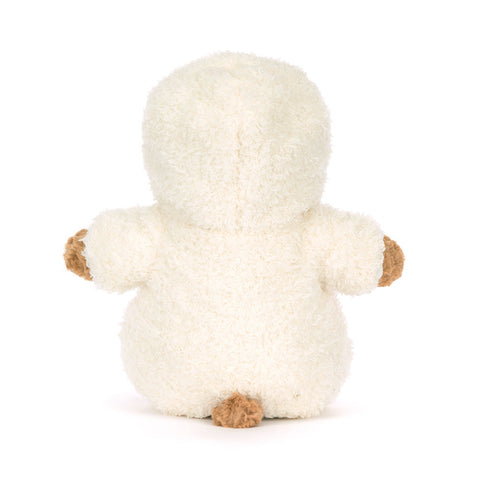Back view of a plush teddy bear wearing a white robe