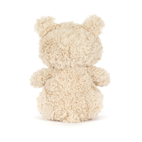 Back view of a Fluffy beige teddy bear on a white background