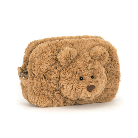 Image shows a fuzzy plush zipper pouch with a teddy bear face on the front.