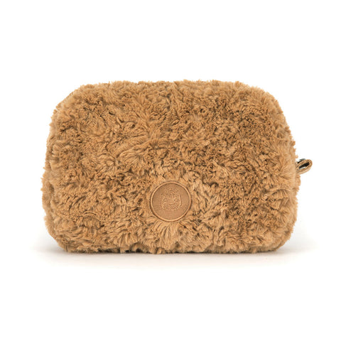 Image shows a back view of the plush pouch. It has the Jellycat logo embroidered on the back.