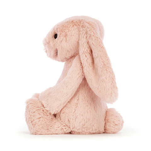 Fluffy pink bunny stuffed animal on a white background