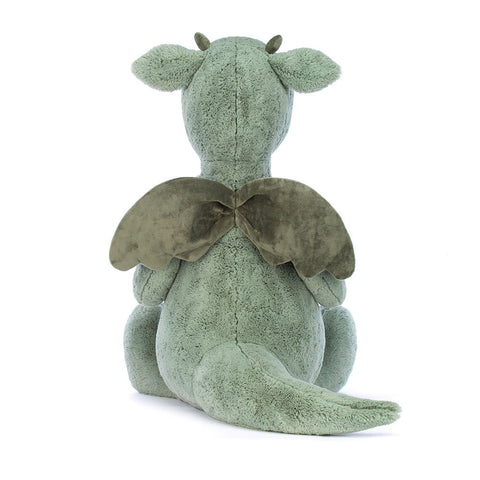 Back view of a green stuffed dragon