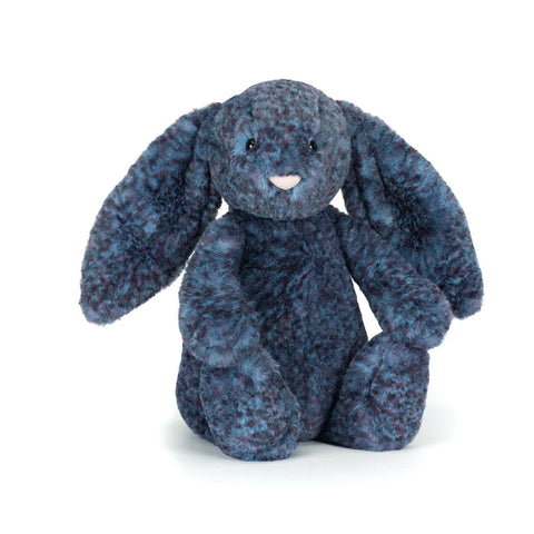 Image shows a stuffed bunny with dark blue mottled fur.
