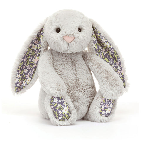 Silver Plush bunny toy with floral ears and feet on a white background