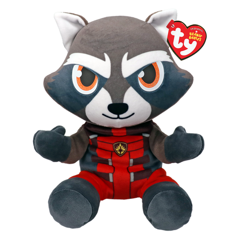 Image shows a stuffed version of the raccoon Rocket from the Marvel franchise