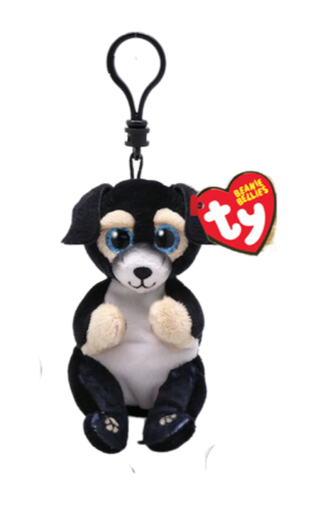 Image shows a stuffed black and tan dog hanging from a black clip
