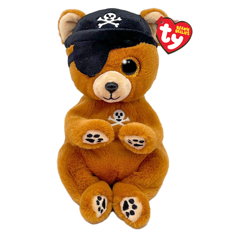 Image shows a teddy bear with a pirate hat and patch, and a skull and crossbones on its chest