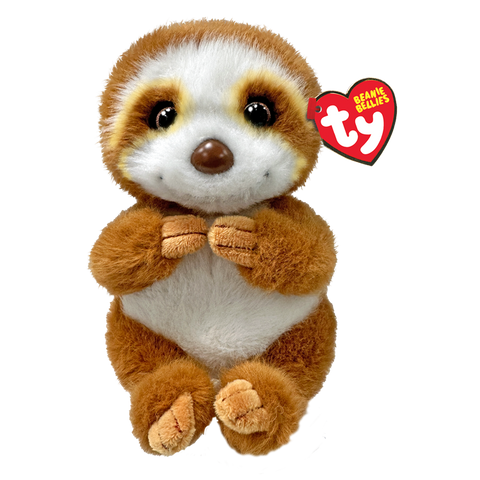 Image shows a stuffed sloth with small golden plastic eyes