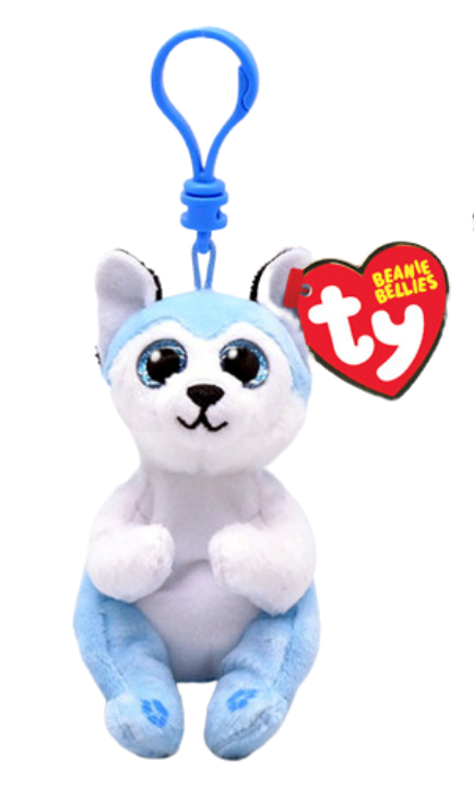 Image shows a light blue Husky with large blue plastic eyes attached to a blue plastic clip