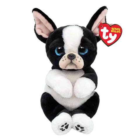 Image shows a stuffed floppy black and white dog with large blue plastic eyes