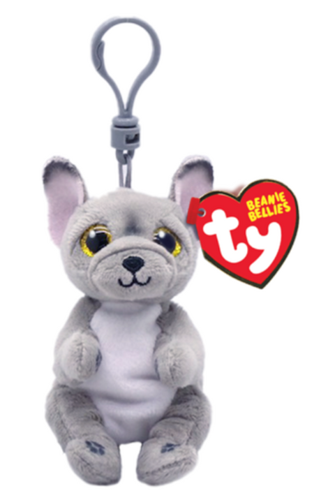 Image shows a grey dog with large golden plastic eyes attached to a grey plastic cliip