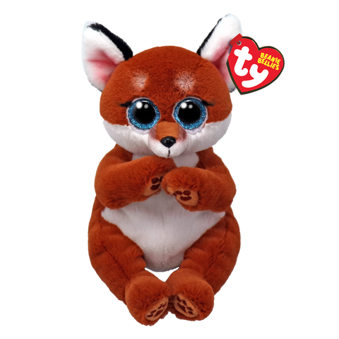 Image shows a floppy stuffed fox with large blue plastic eyes
