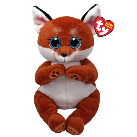 Image shows a stuffed floppy fox with large plastic blue eyes