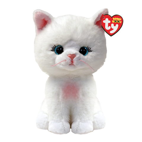 Image shows a stuffed white cat with pink ears and a pink chest. She has small, sparkly blue eys.