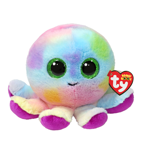 Image shows a stuffed rainbow tie-dye octopus with large, green, sparkly eyes.