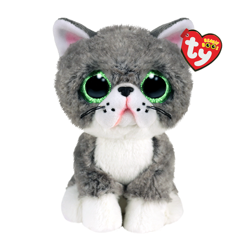 Image shows a stuffed grey cat with large green plastic eyes