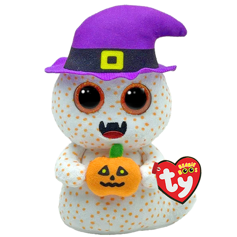 Halloween-themed plush ghost with a purple witch hat, polka dot body, and pumpkin, featuring the TY logo.