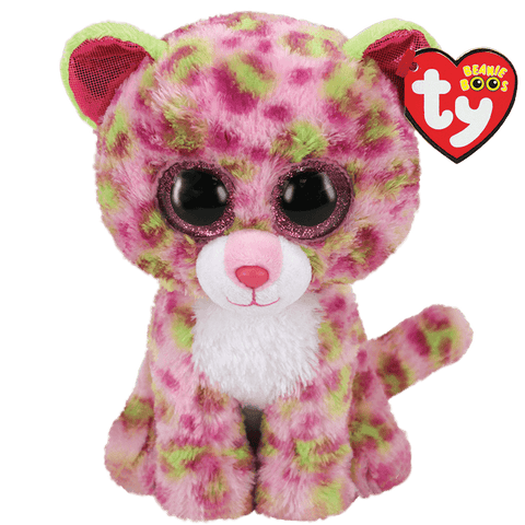 Image shows a stuffed pink and green leopard. It has sparkly ears and large pink sparkly eyes.