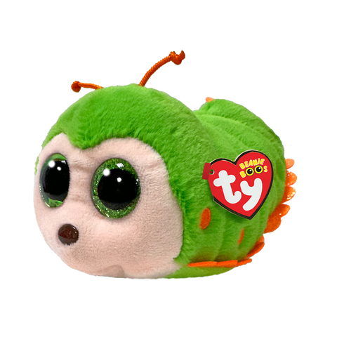 Image shows a stuffed green caterpillar with large, green, sparkly eyes.