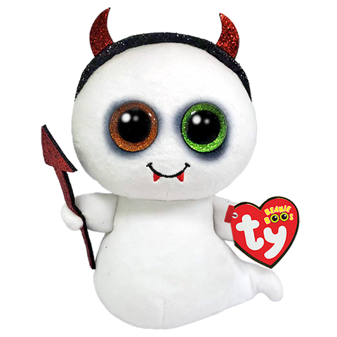 Ghost-themed Beanie Boos plush toy with red horns and a heart-shaped tag on a white background