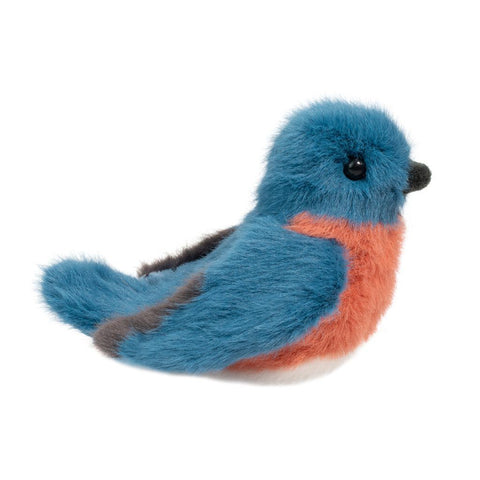 Plush toy bird with blue and orange colors on a white background