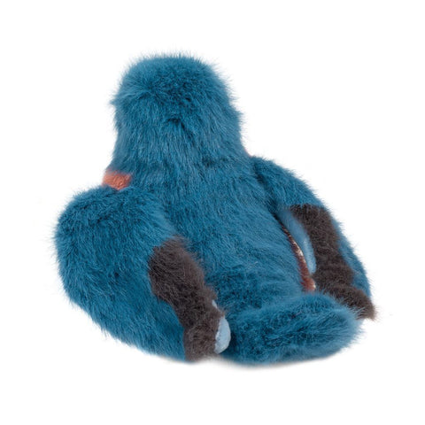Blue plush bird toy on a white background