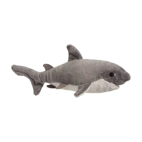 A plush toy resembling a gray shark with a friendly expression, crafted from soft fabric.